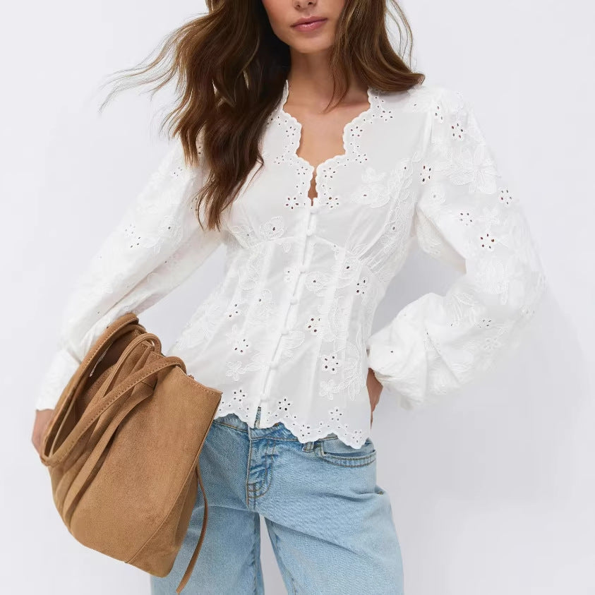 Lace-trimmed Casual Solid-color Women's Shirt