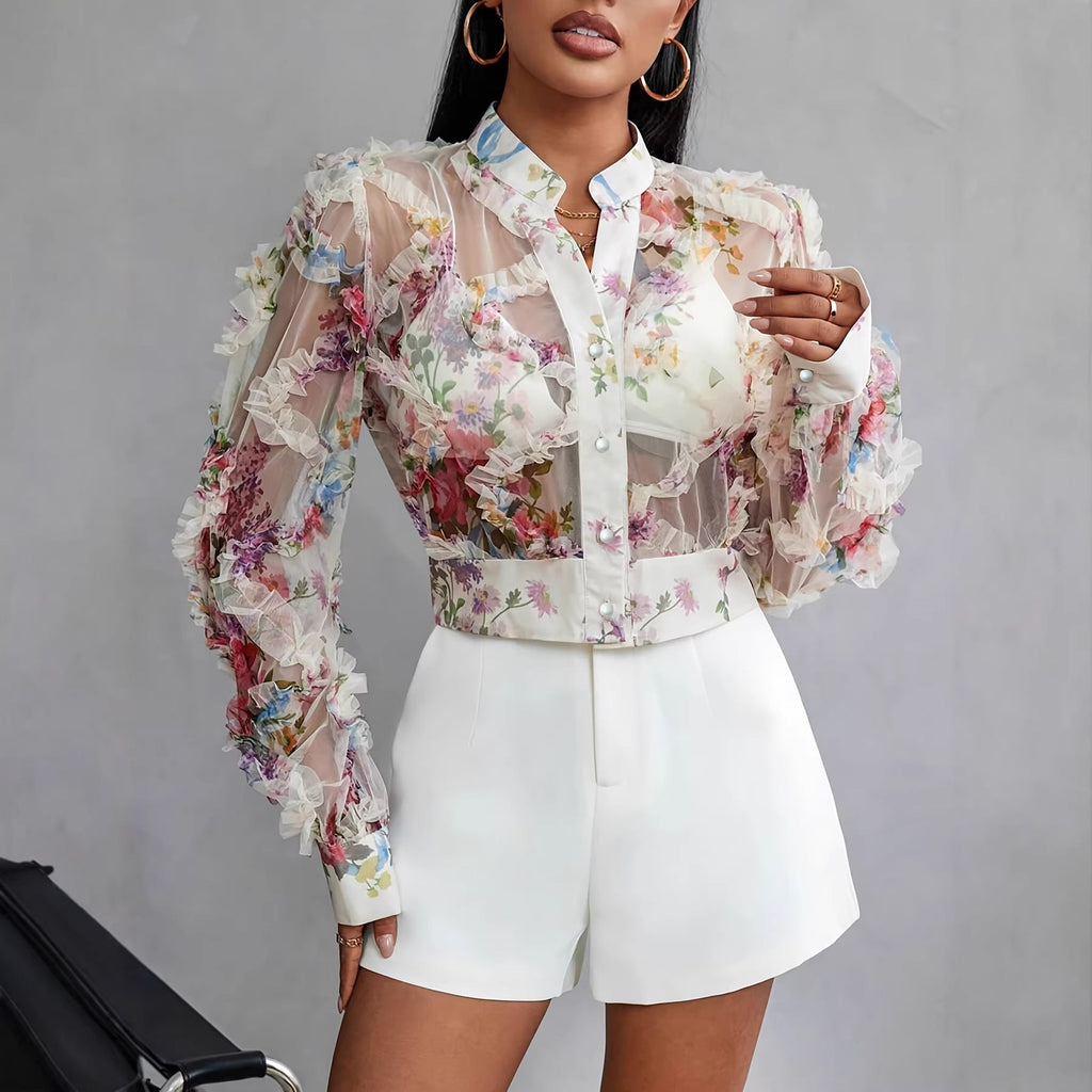 Niche Lace Floral Chiffon Shirt Long Sleeve Ruffle-trimmed Blouse
