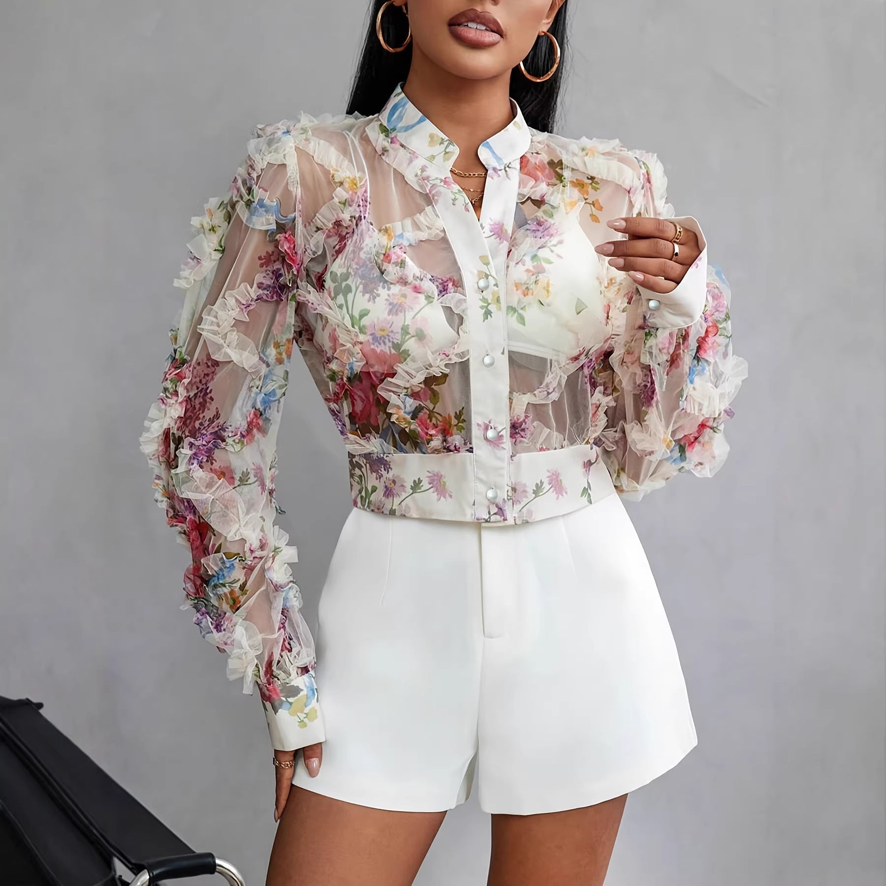 Niche Lace Floral Chiffon Shirt Long Sleeve Ruffle-trimmed Blouse