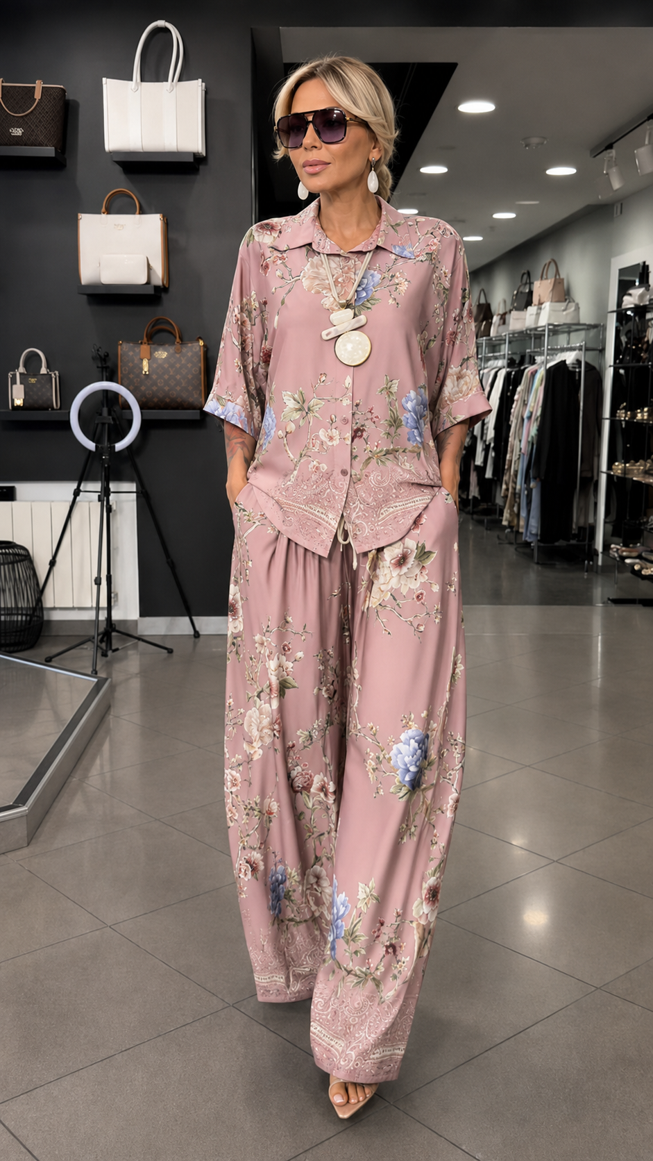 Floral Print Two Piece Set With Button Shirt & Wide Leg Pants