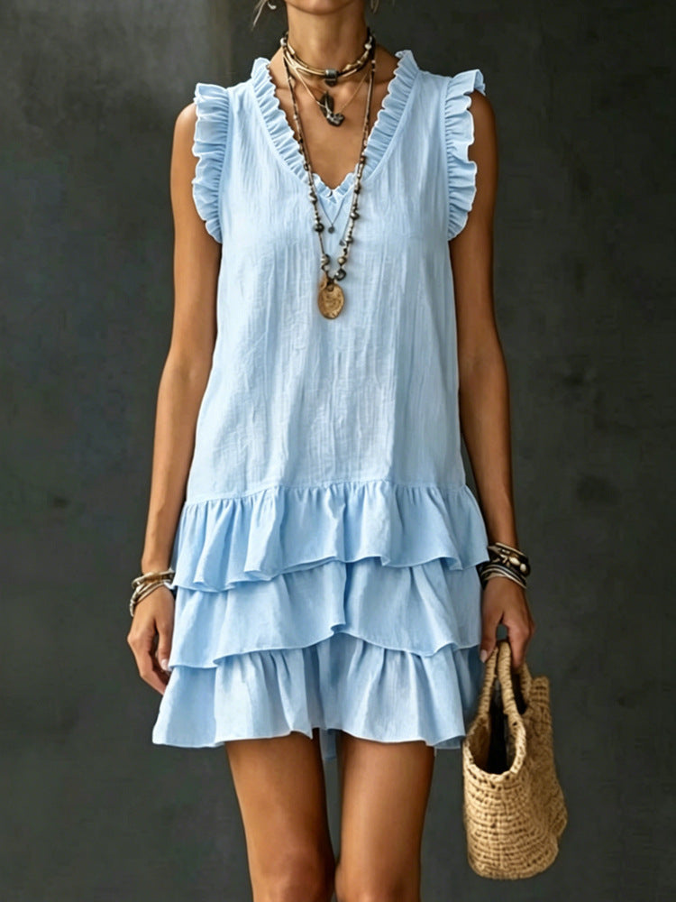 Women's Casual V-Neck Ruffle-Trim Sleeveless Dress