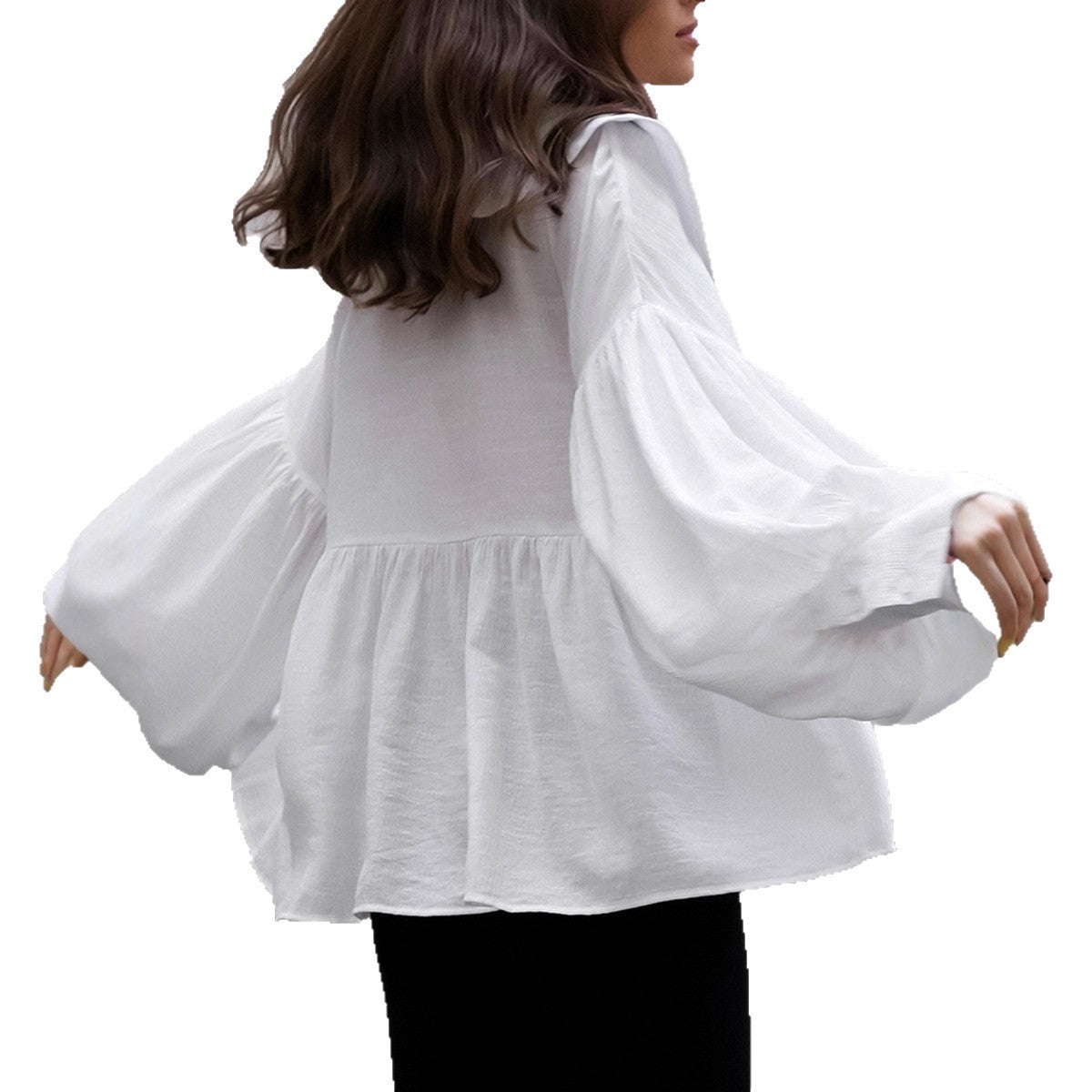 White Doll-collar Shirt With Lantern Sleeves