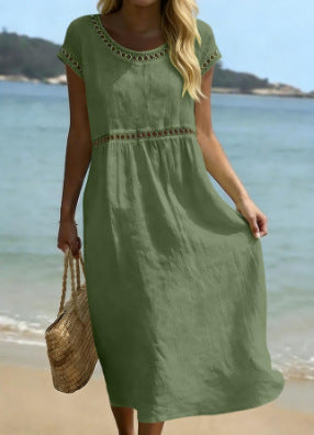 Elegant Round-Neck Cotton-Linen Dress With Embroidered Lace Trim