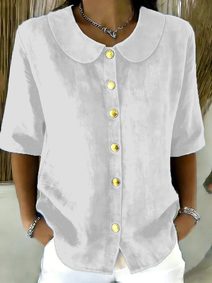 Elegant And Stylish Cotton-Linen Womens Short-Sleeve Shirt With Buttons
