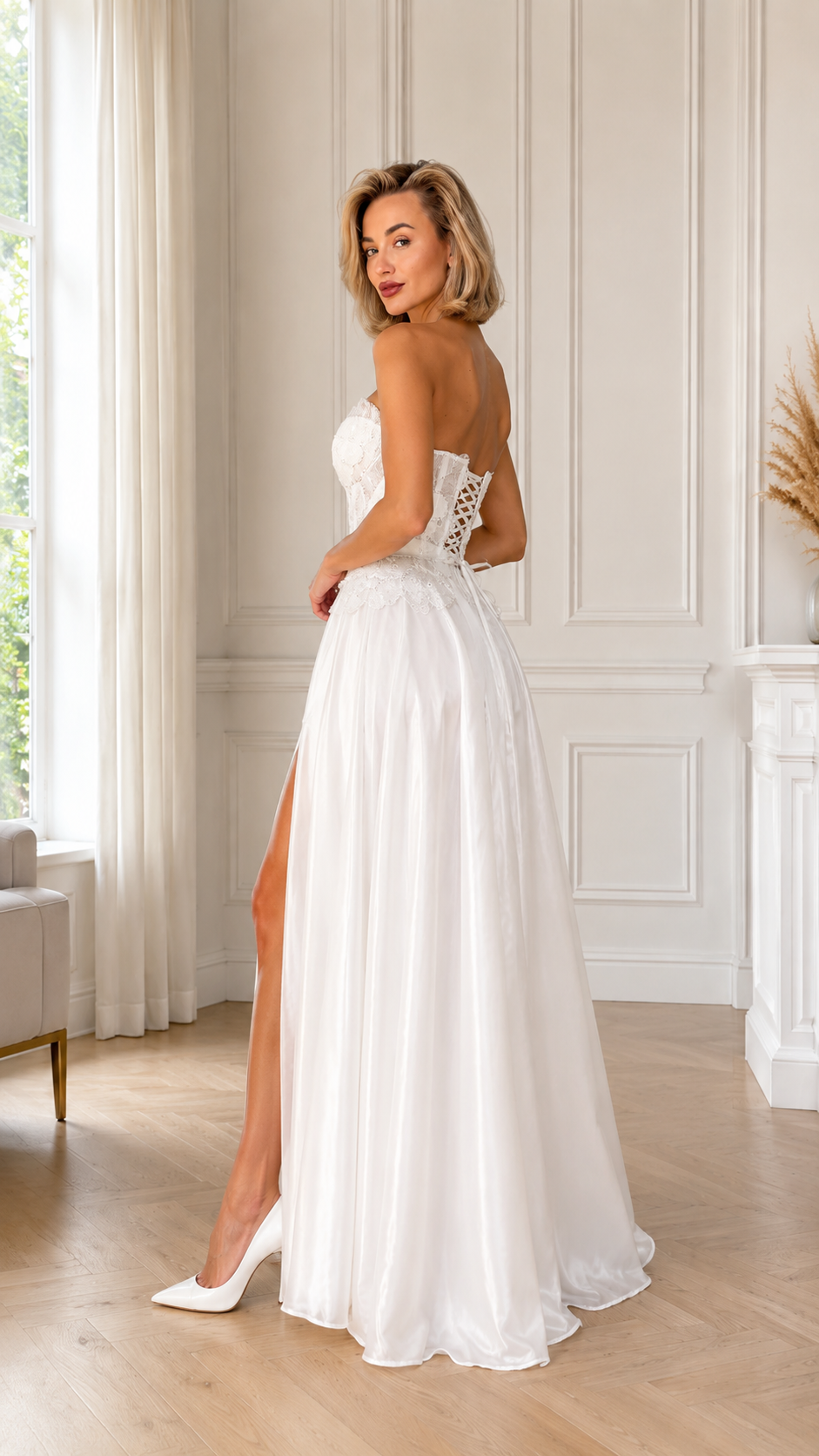 Lace Corset Satin Maxi Dress With High Slit