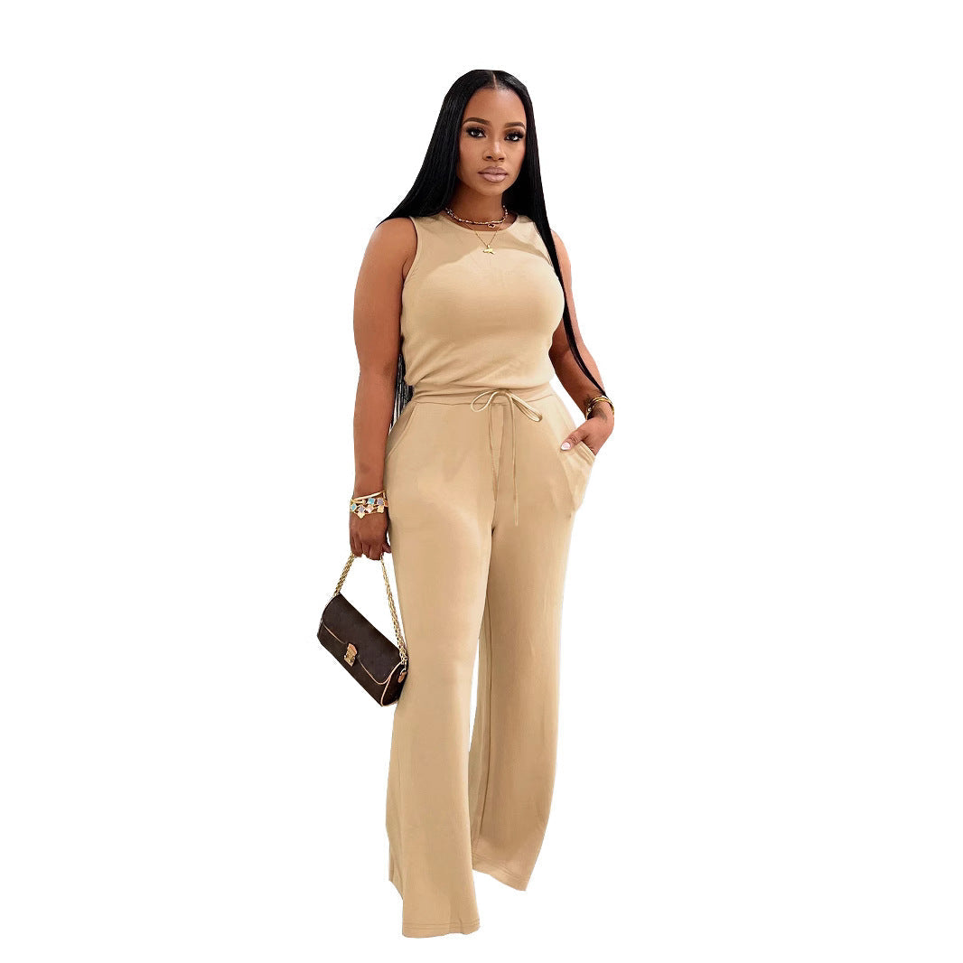 Summer New All-Match EuropeanAmerican Style Fashionable Slimming Casual Solid-Colored Lace-Up Jumpsuit