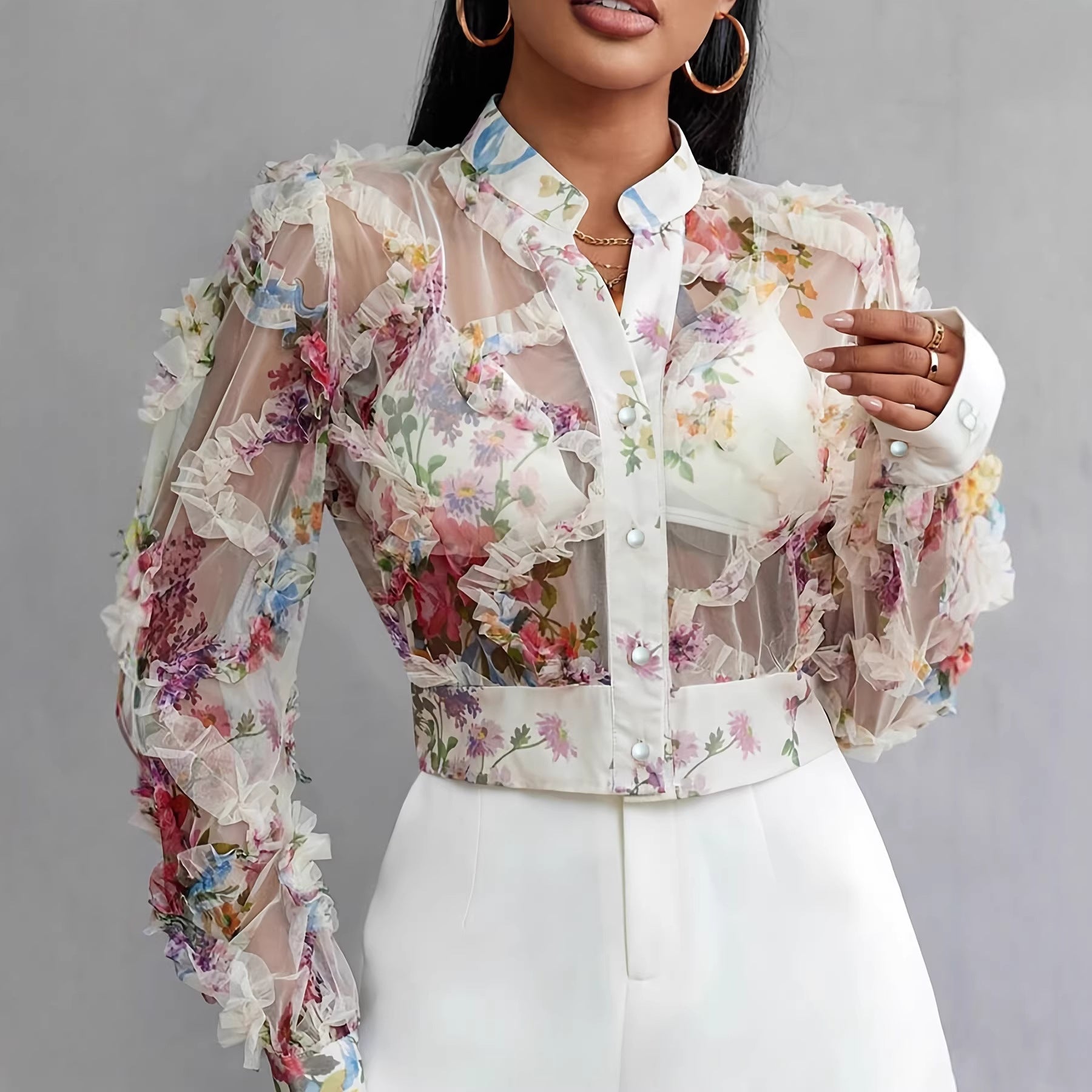 Niche Lace Floral Chiffon Shirt Long Sleeve Ruffle-trimmed Blouse