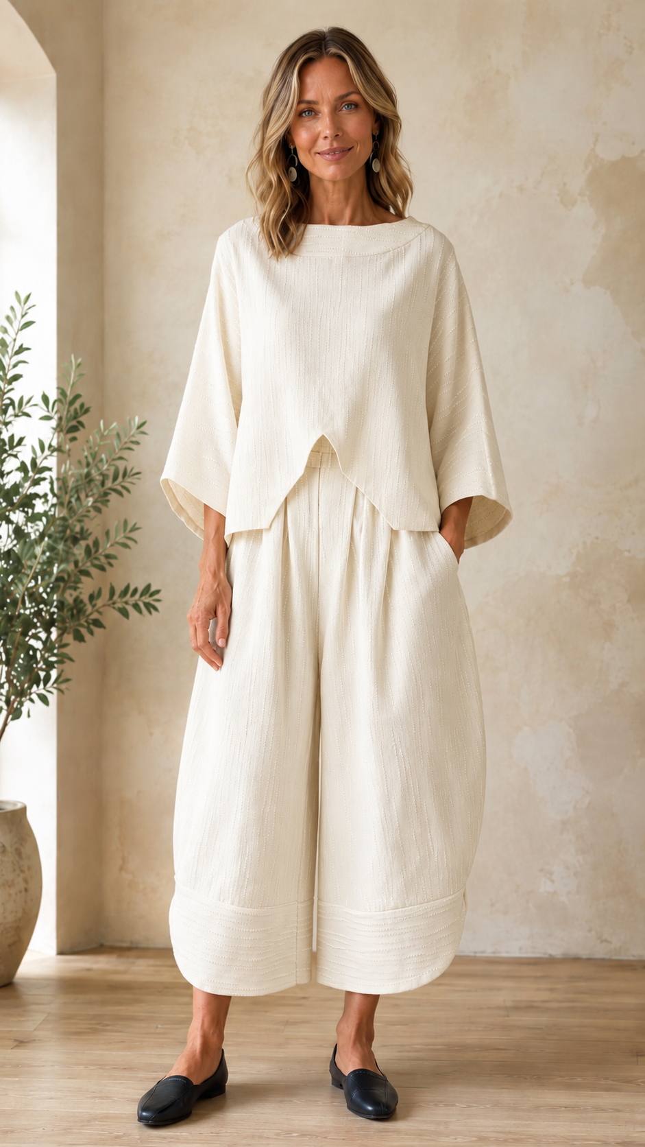 Elegant Textured Two-Piece Top & Wide-Leg Pants Set