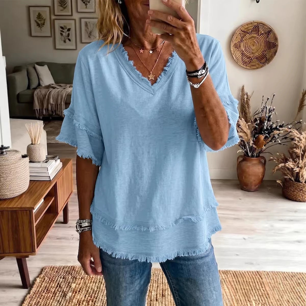 Women's V-Neck Pullover Short-Sleeve Loose Shirt