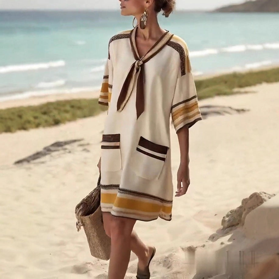 Lace-up V-neck Striped Print Short-sleeve A-line Skirt