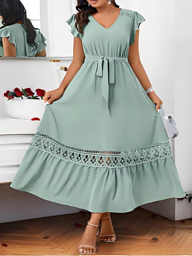 V-neck Womens Solid-Colored Lace-Patchwork Short-Sleeve Dress