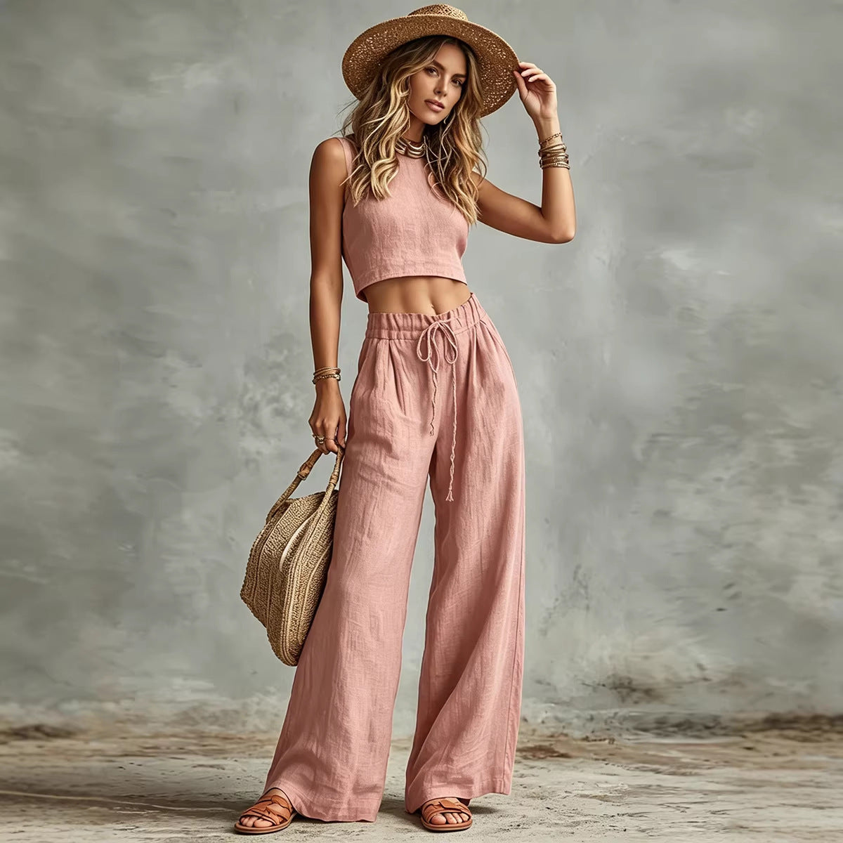 Vest Drawstring High-Waist Wide-Leg Pants Two-Piece Set