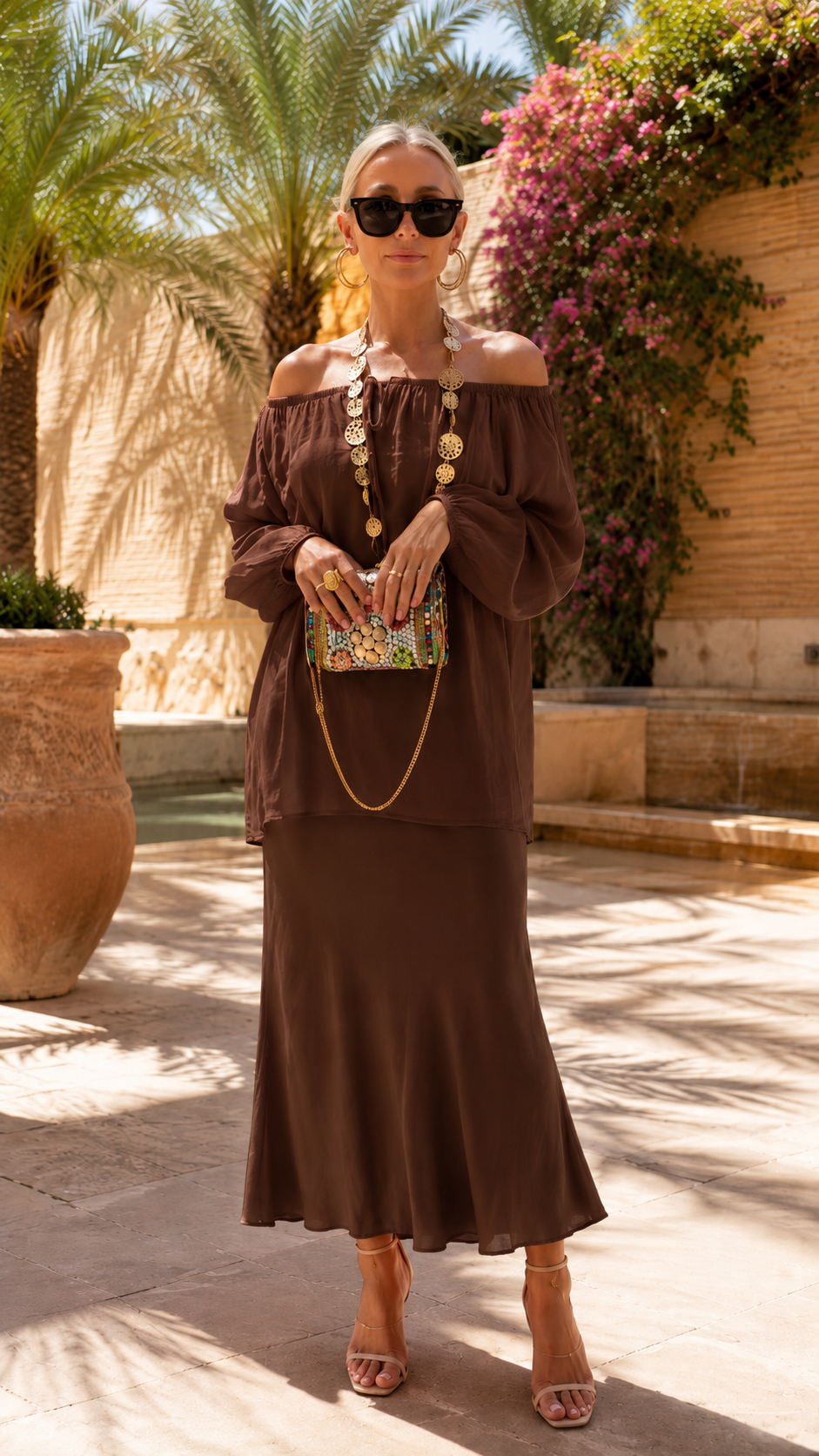 Off Shoulder Chiffon Two Piece Maxi Dress Set