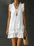 Women's Casual V-Neck Ruffle-Trim Sleeveless Dress