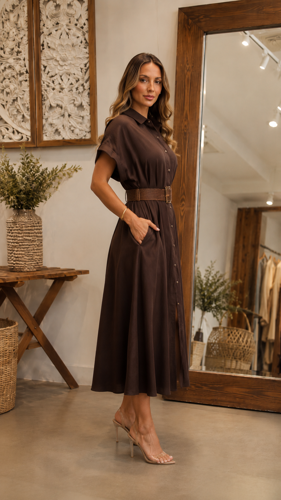 Belted Button-Up Midi Shirt Dress