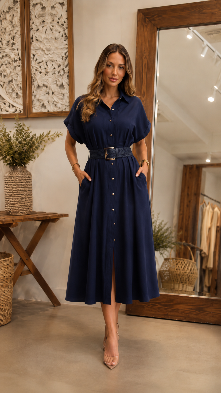 Belted Button-Up Midi Shirt Dress