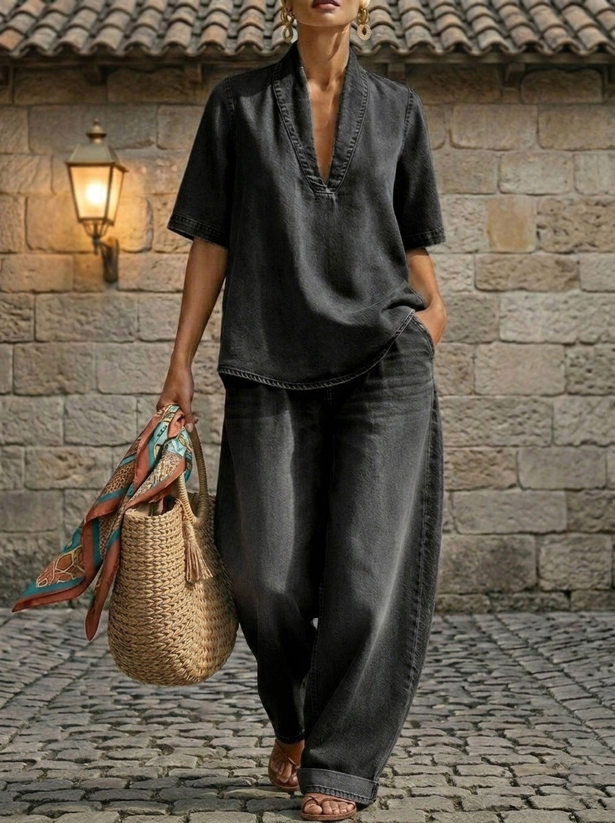 Retro V-Neck Denim Set Loose Half-Sleeve Top And Wide-Leg Pants Two-Piece