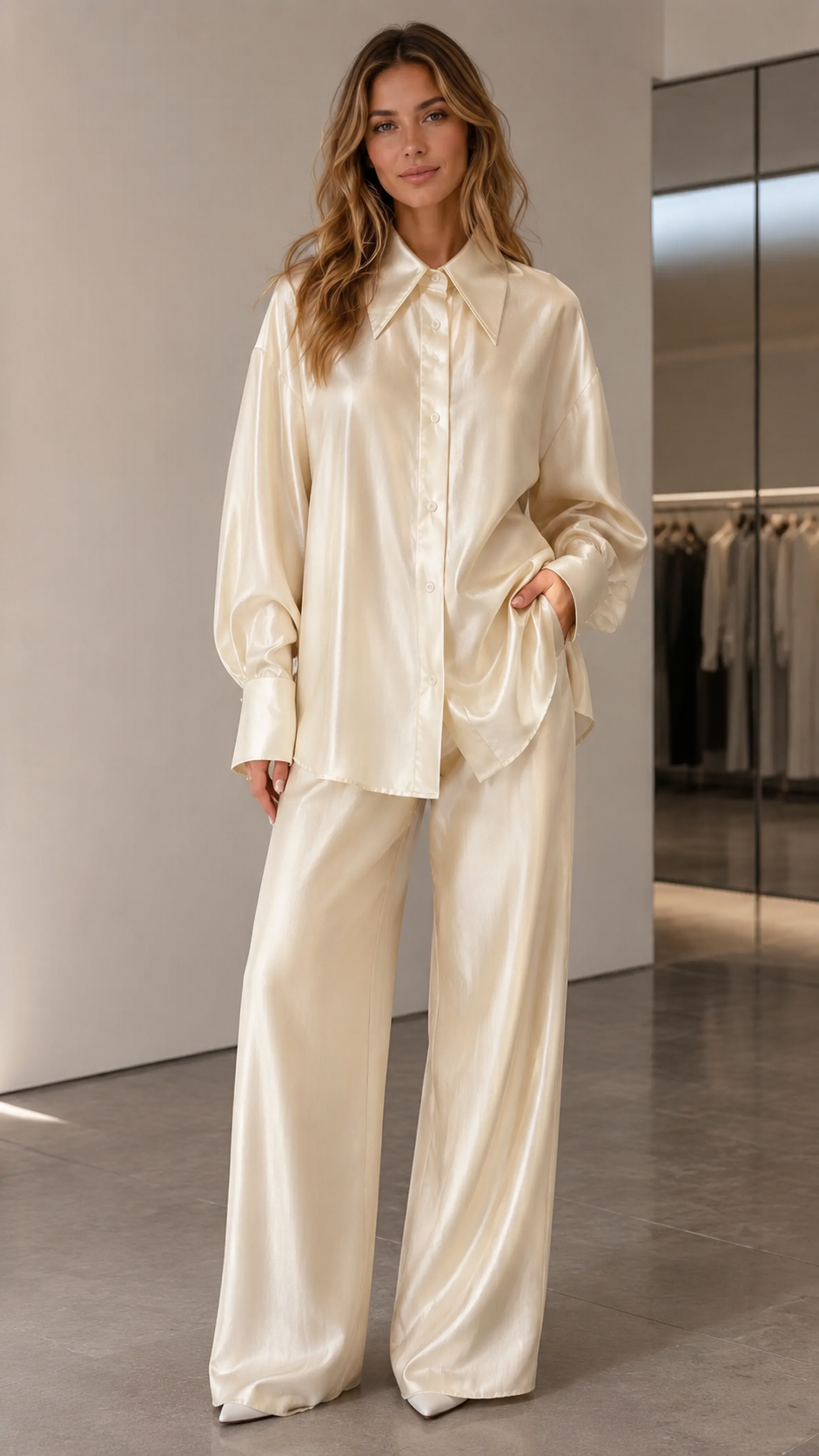 Satin Button-Up Wide Leg Set