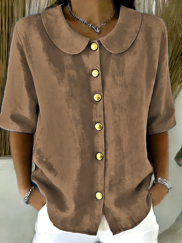 Elegant And Stylish Cotton-Linen Womens Short-Sleeve Shirt With Buttons
