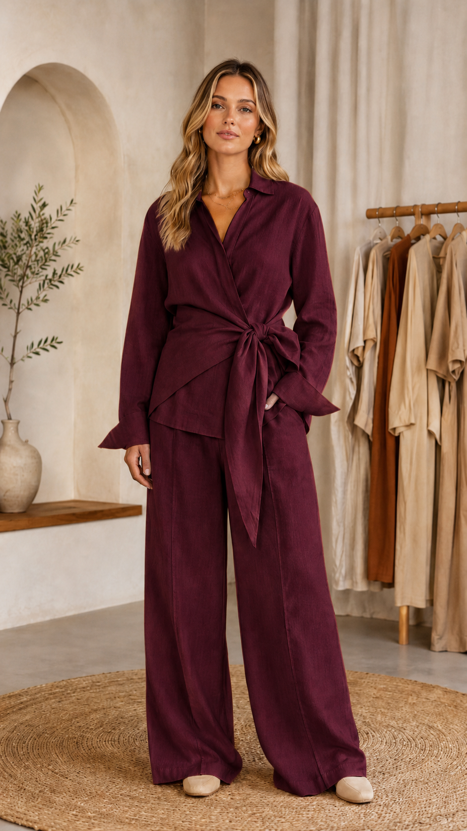 Sienna Tie-Waist Wrap Top & Wide-Leg Pants Two-Piece Set