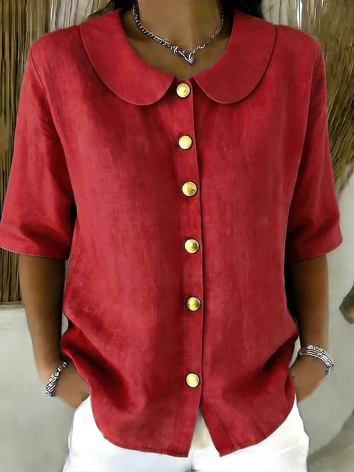 Elegant And Stylish Cotton-Linen Womens Short-Sleeve Shirt With Buttons