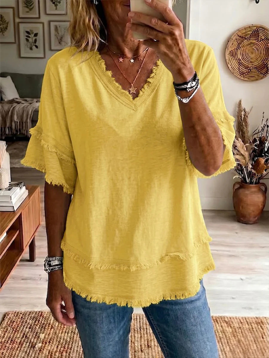 V-Neck Pullover Short-Sleeve Loose Shirt