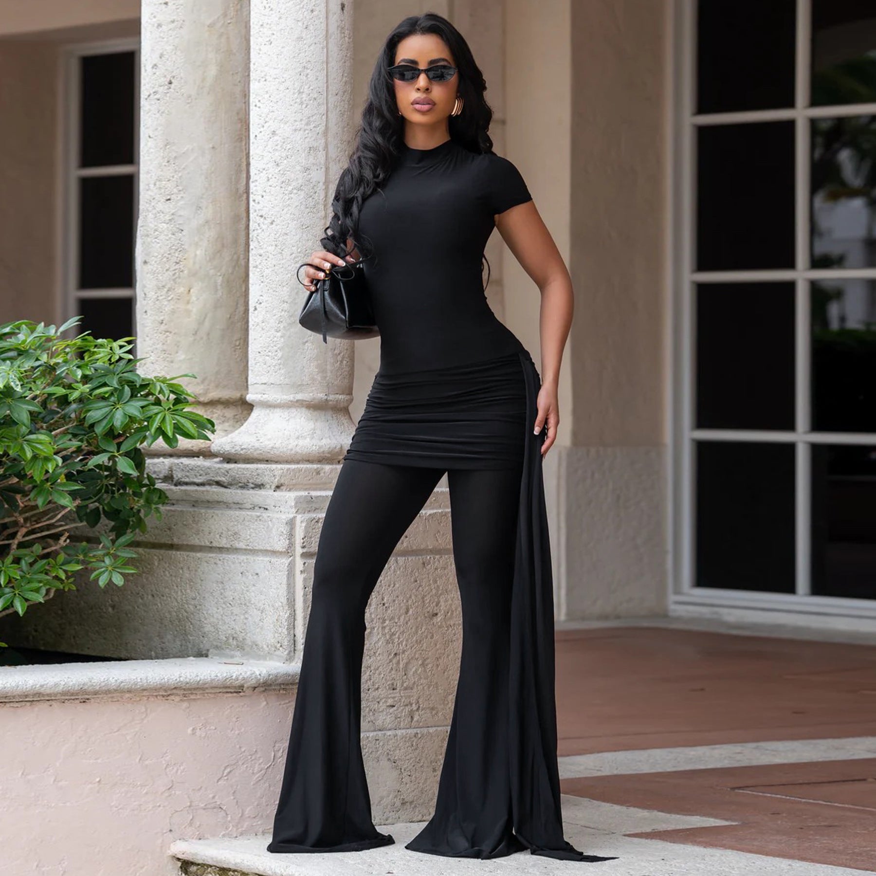 Solid-Color High-Neck Pleated Slim-Fit Drawstring Jumpsuit