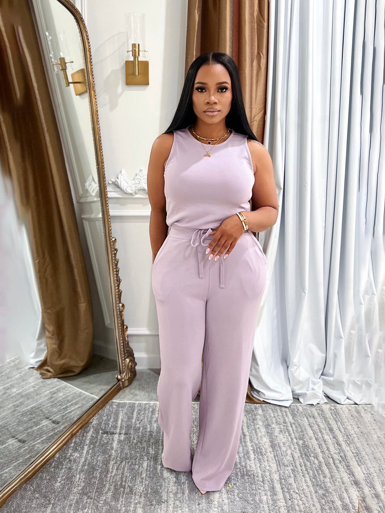 Casual Solid-Colored Lace-Up Jumpsuit