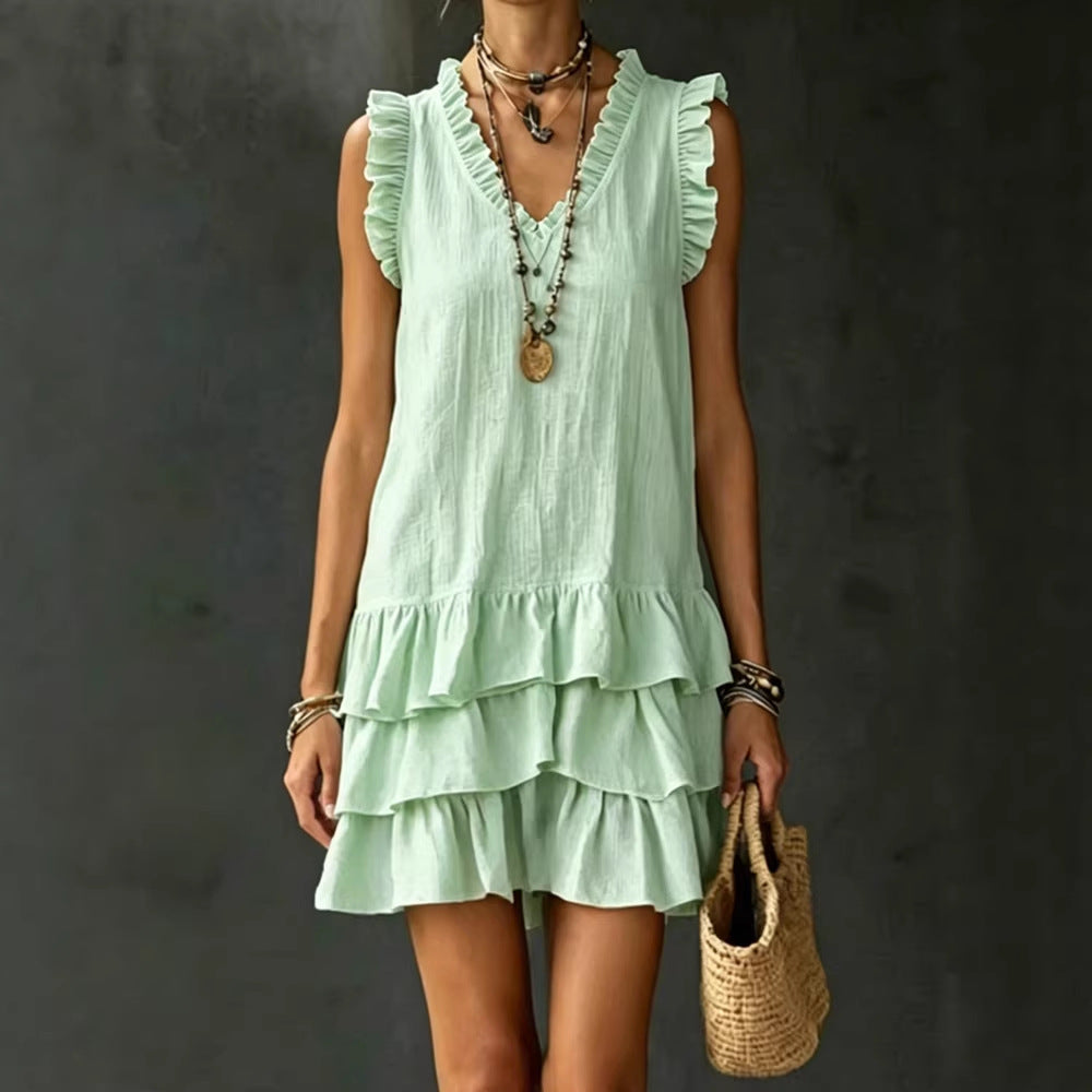 Women's Casual V-Neck Ruffle-Trim Sleeveless Dress
