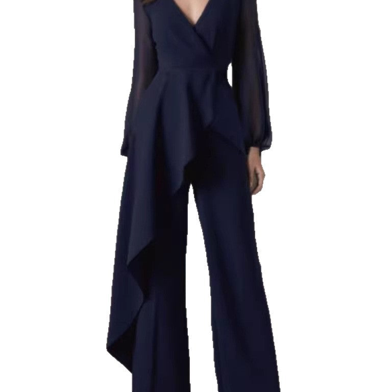 European And American Elegant Chic Casual Jumpsuit In Navy Blue
