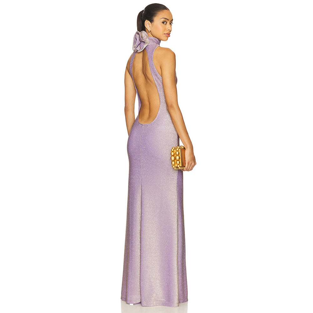 Floral Maxi Dress Round Neck Solid Color