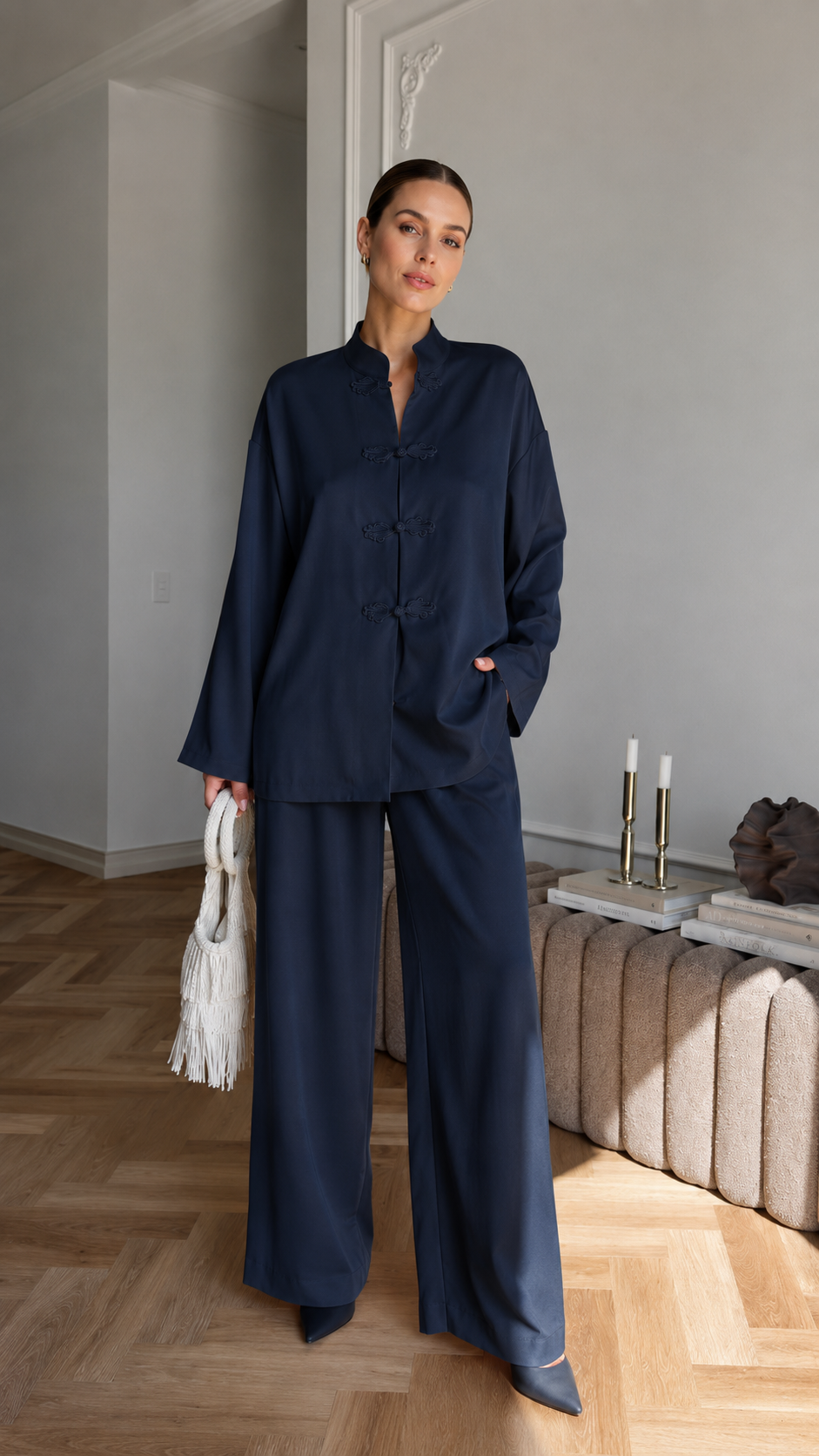 Elegant Mandarin Collar Wide-Leg Two-Piece Set