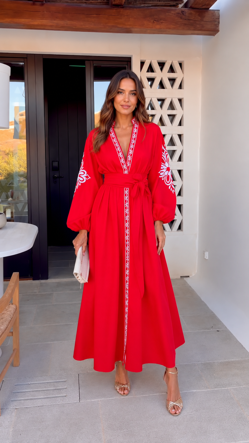Elara Embroidered Waist Tie Maxi Dress
